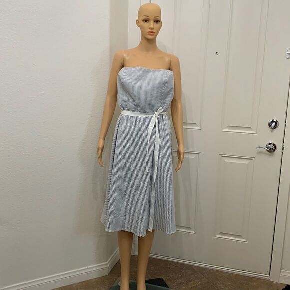 Ann Taylor Loft Size 12 Strapless Gray White Striped Belted Zip Woman’s Dress - Picture 1 of 10